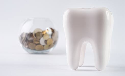 Jar filled with coins and model tooth